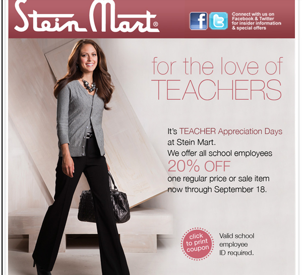 Stein Mart Teacher Appreciation Coupon for 20% Off