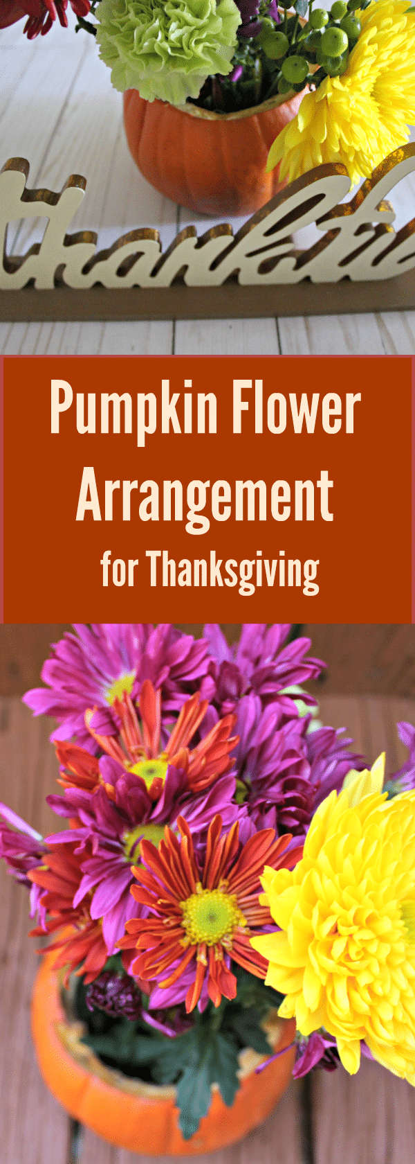 Spice up your fall decor with my DIY Thanksgiving Centerpiece. This pumpkin flower arrangement is easy & takes minutes to make.