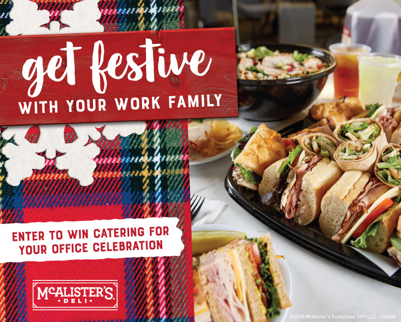 Enter the McAlister's Deli Giveaway to win a free catered lunch valued at $200 for your work family to celebrate the holidays in your office.