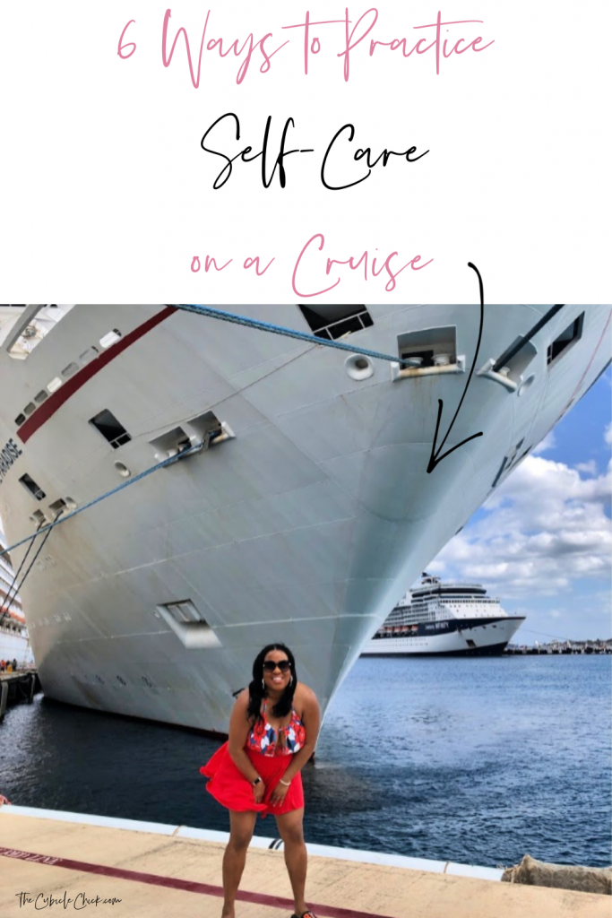 Black woman in front of a Carnival cruise ship.