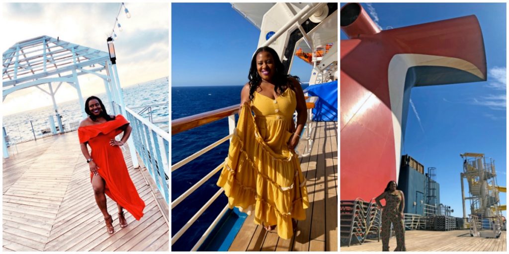 Black woman wearing three different outfits on a cruise